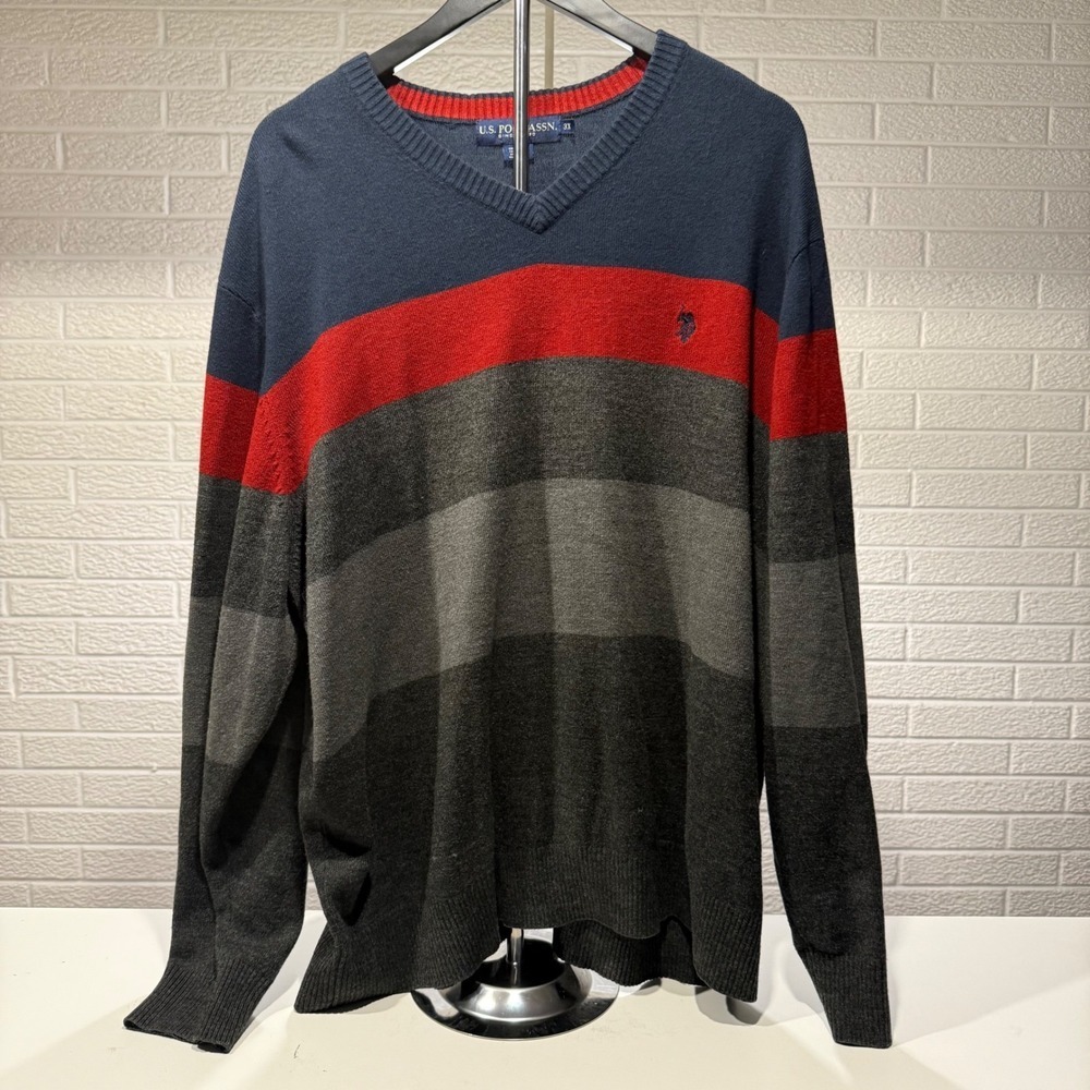 U.S. Polo Assn. 3X‎ Sweater Striped V Neck Blue Red Gray Menswear Casual